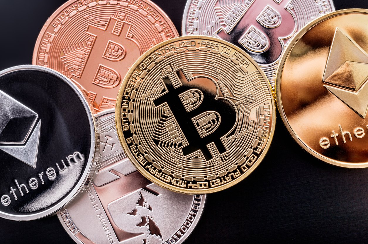 Cryptocurrency coins.