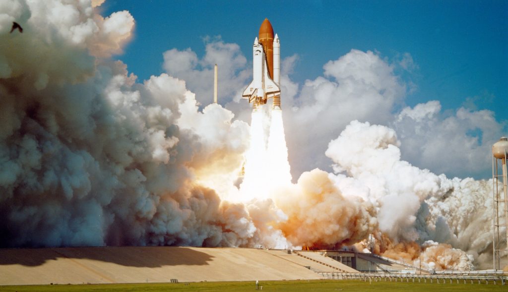 The Space Shuttle Challenger launching from Complex 39.